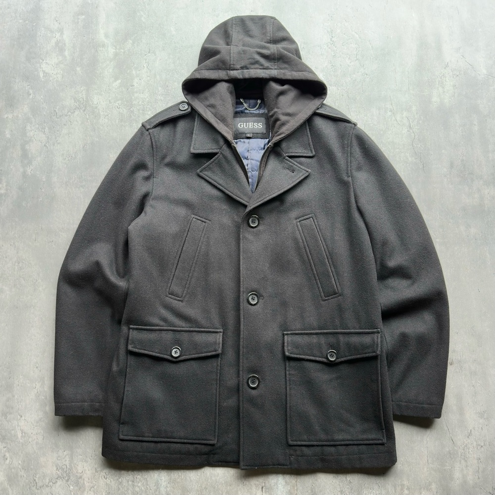 GUESS Mens Hooded Wool Blend Coat Black Large Quilted Lined Peacoat Style